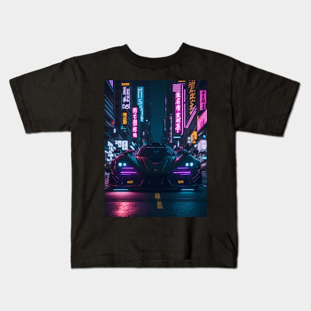 Dark Neon Sports Car in Japanese Neon City Kids T-Shirt by star trek fanart and more